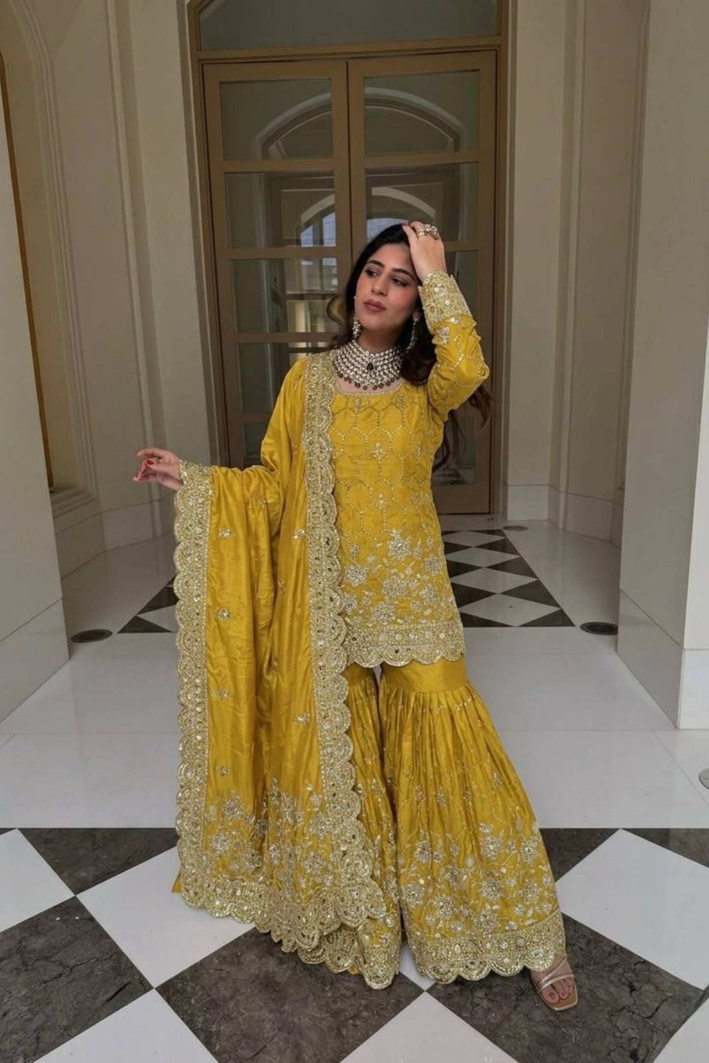 Radiant Mustard Yellow GMY Silk Heavy Embroidered Sharara Suit with Designer Dupatta