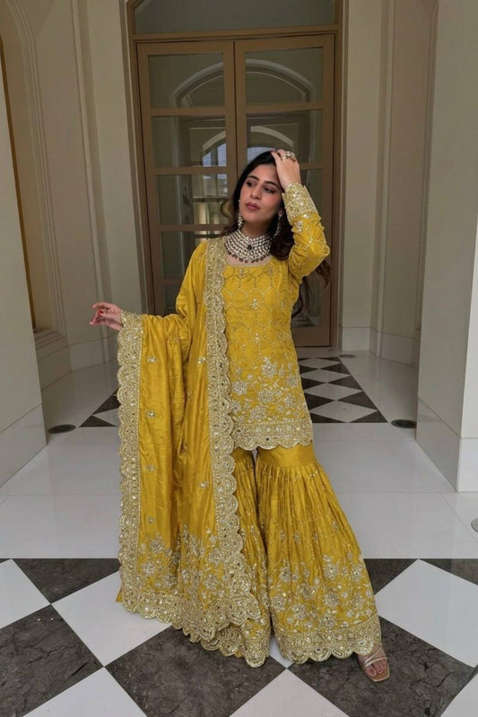 Radiant Mustard Yellow GMY Silk Heavy Embroidered Sharara Suit with Designer Dupatta