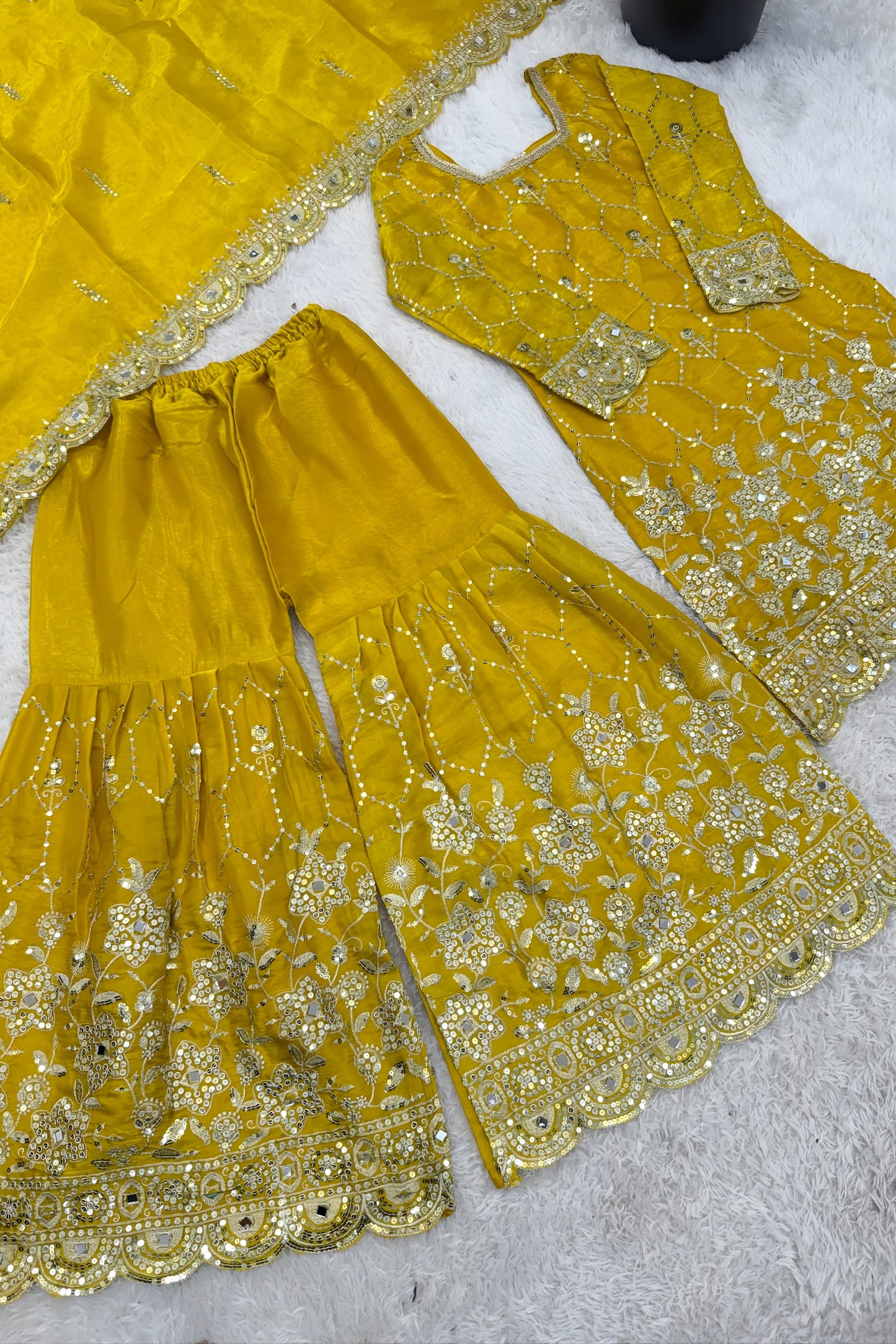 Radiant Mustard Yellow GMY Silk Heavy Embroidered Sharara Suit with Designer Dupatta