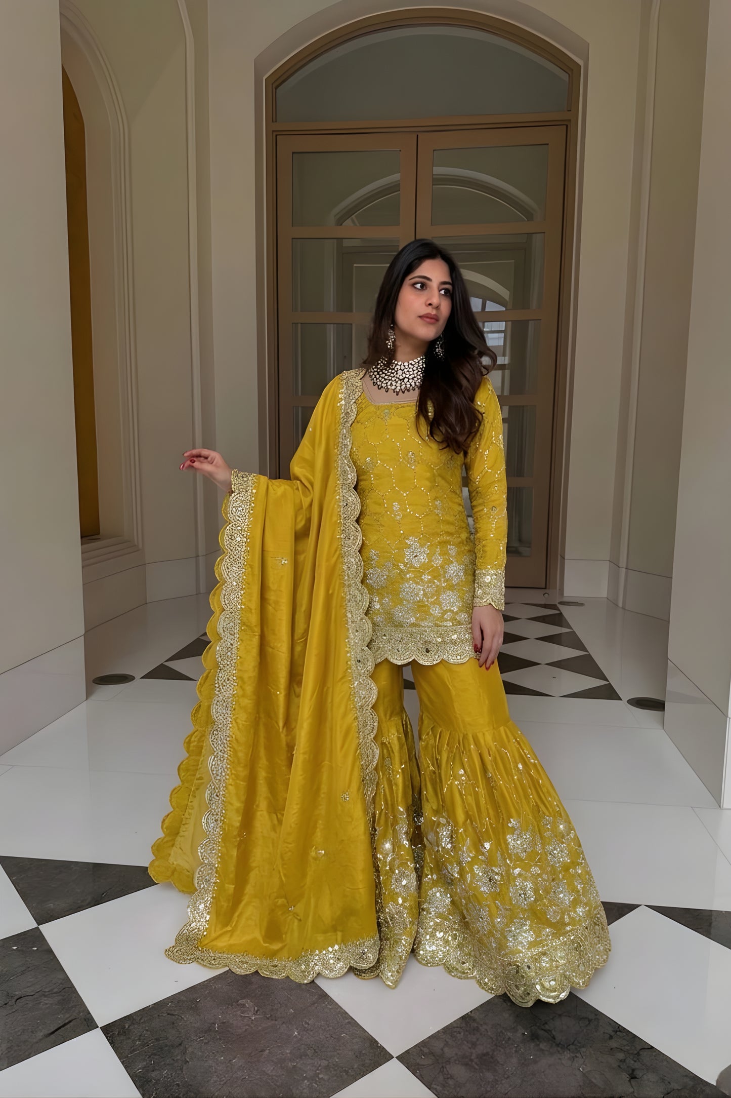 Radiant Mustard Yellow GMY Silk Heavy Embroidered Sharara Suit with Designer Dupatta