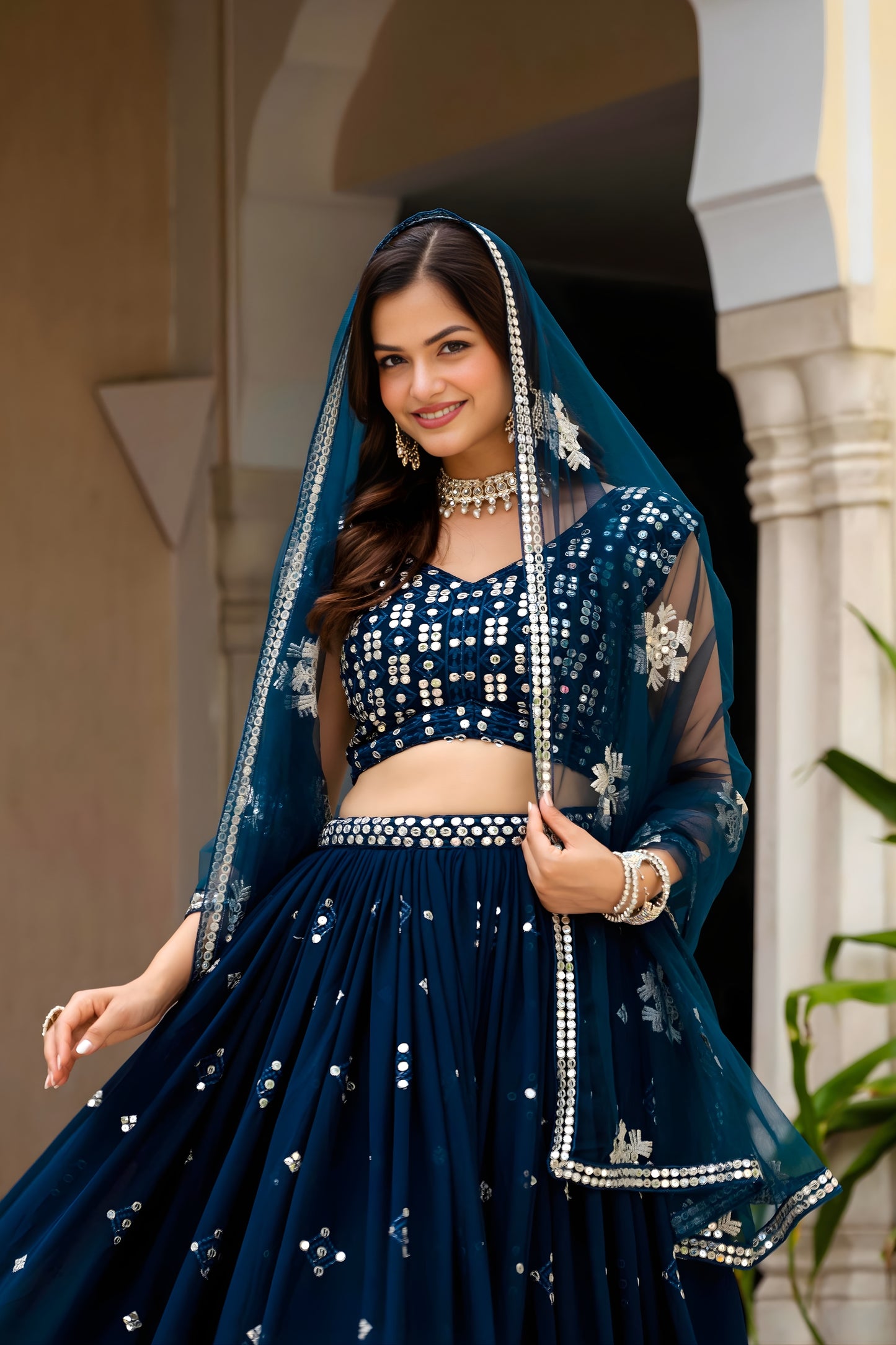 Luxury Navy Blue Faux Georgette Embroidered Lehenga Choli with Designer Dupatta for Wedding