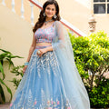 Beautiful Sky Blue Soft Net Embroidered Lehenga Choli with Designer Dupatta for Wedding