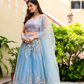 Beautiful Sky Blue Soft Net Embroidered Lehenga Choli with Designer Dupatta for Wedding