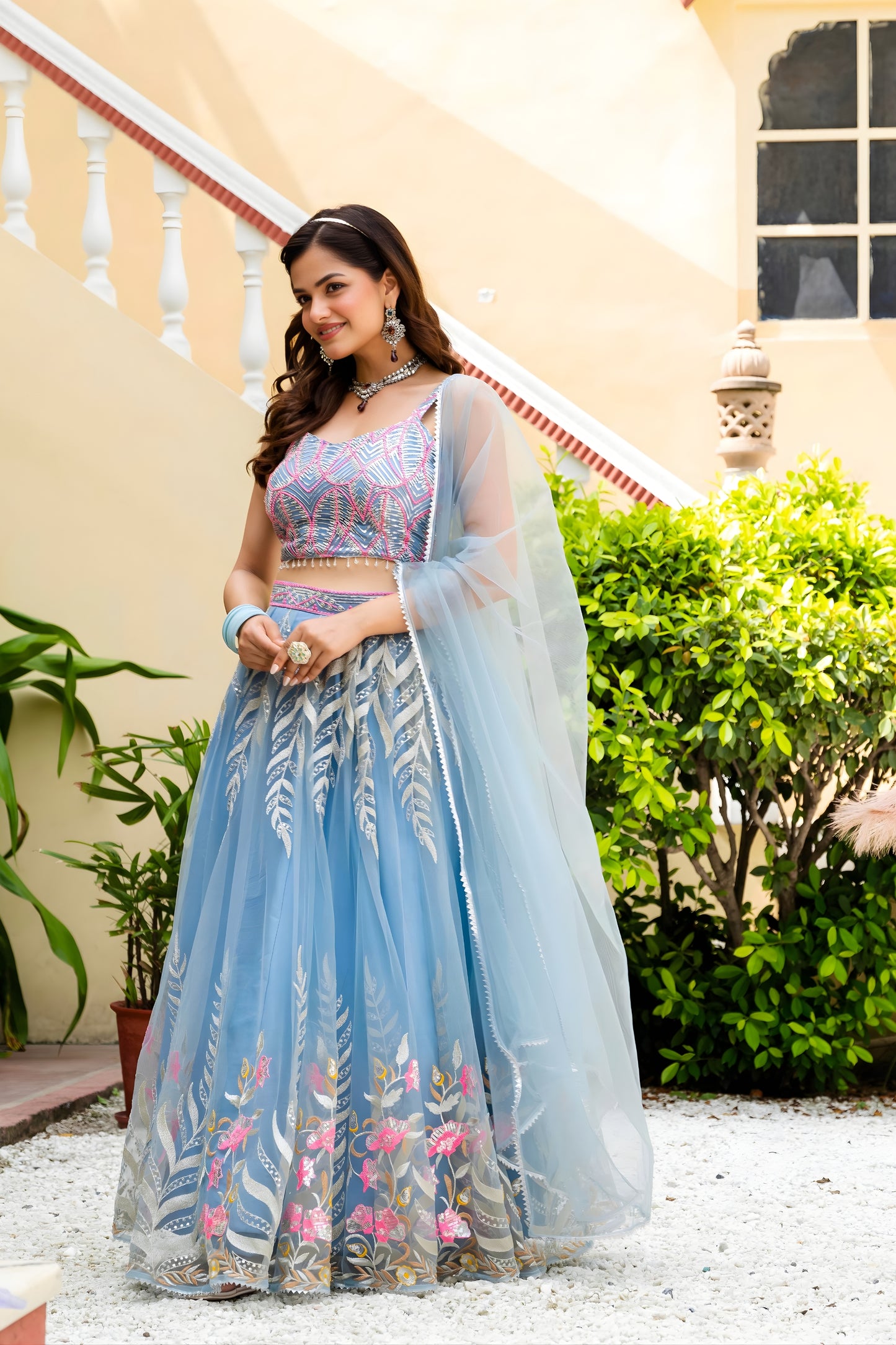 Beautiful Sky Blue Soft Net Embroidered Lehenga Choli with Designer Dupatta for Wedding