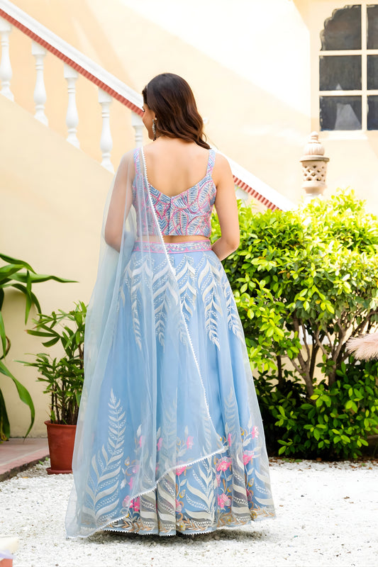 Beautiful Sky Blue Soft Net Embroidered Lehenga Choli with Designer Dupatta for Wedding
