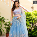Beautiful Sky Blue Soft Net Embroidered Lehenga Choli with Designer Dupatta for Wedding