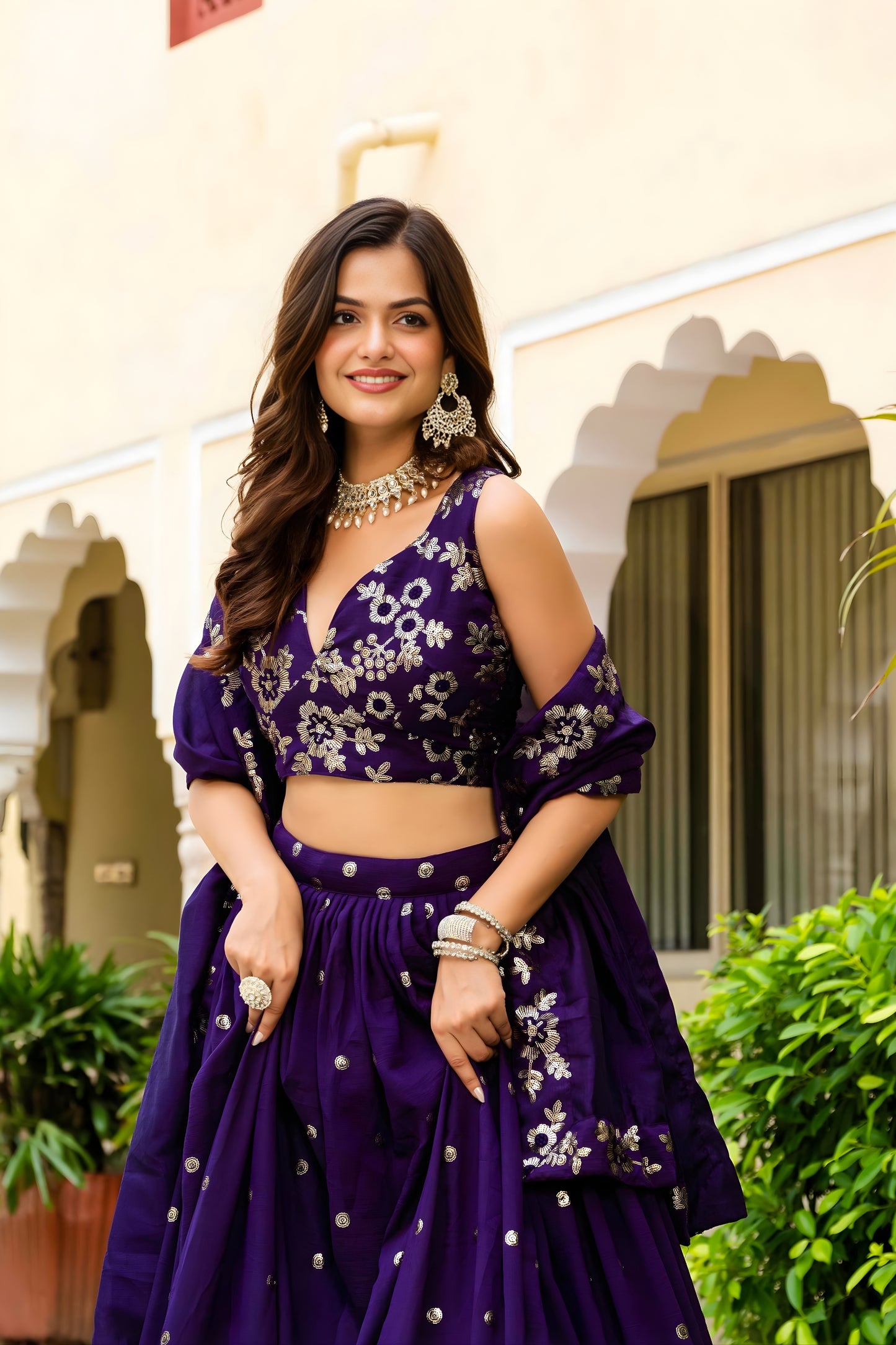 Gorgeous Purple Vichitra Silk Embroidered Lehenga Choli with Designer Dupatta for Wedding