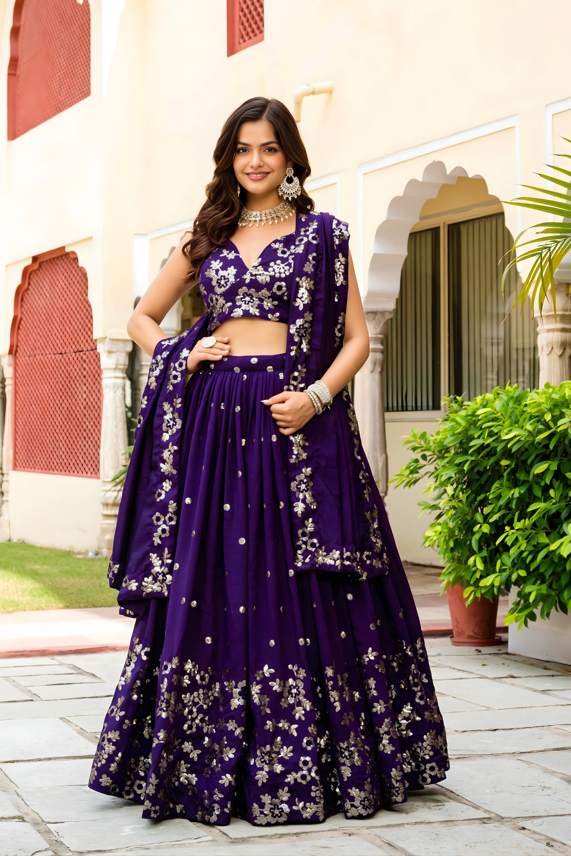Gorgeous Purple Vichitra Silk Embroidered Lehenga Choli with Designer Dupatta for Wedding