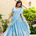 Beautiful Sky Blue Faux Georgette Embroidered Lehenga Choli with Designer Dupatta for Wedding