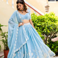 Beautiful Sky Blue Faux Georgette Embroidered Lehenga Choli with Designer Dupatta for Wedding