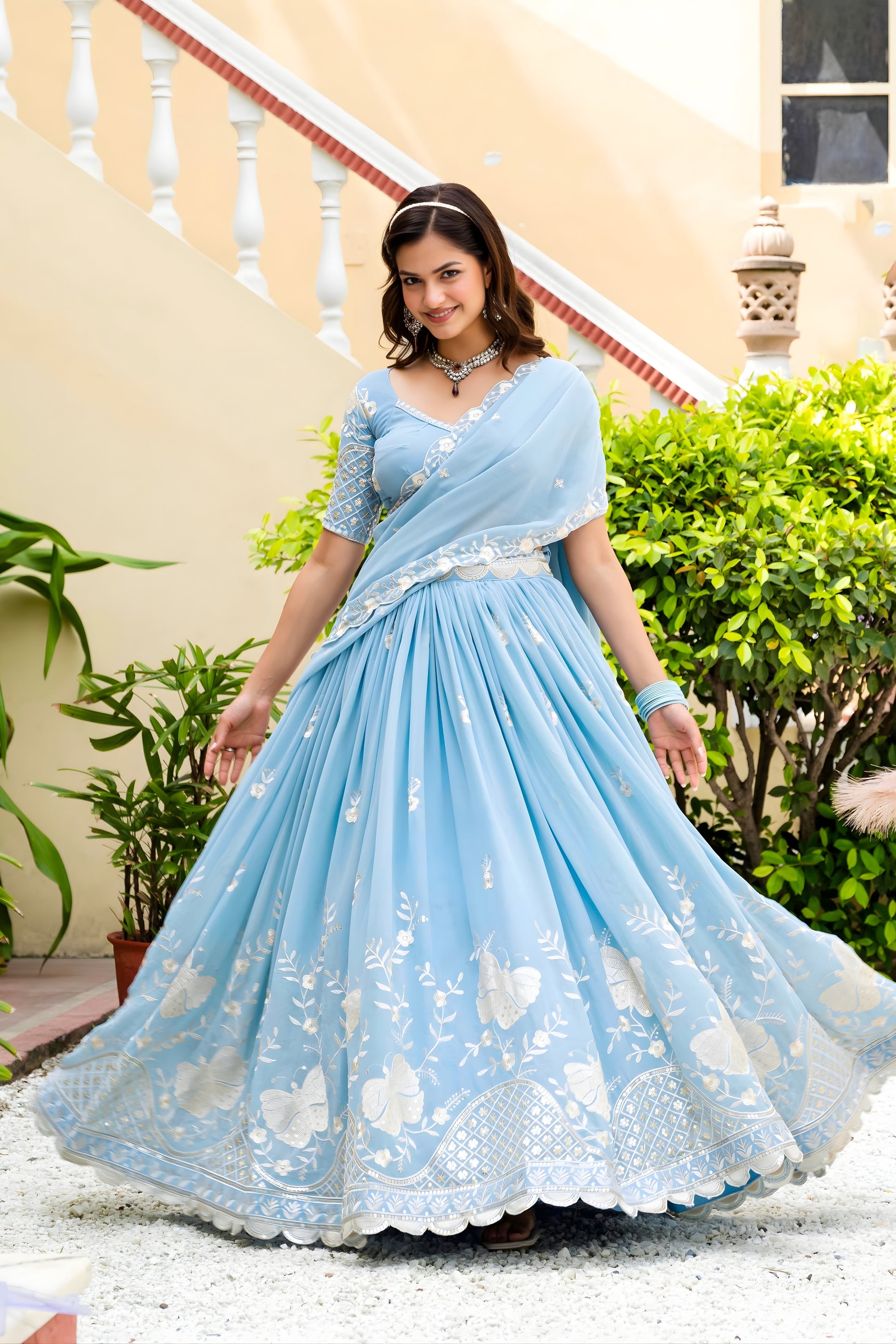 Beautiful Sky Blue Faux Georgette Embroidered Lehenga Choli with Designer Dupatta for Wedding