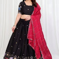 Elegant Black Star Georgette Heavy Embroidered Lehenga Choli with Designer Red Dupatta for Wedding