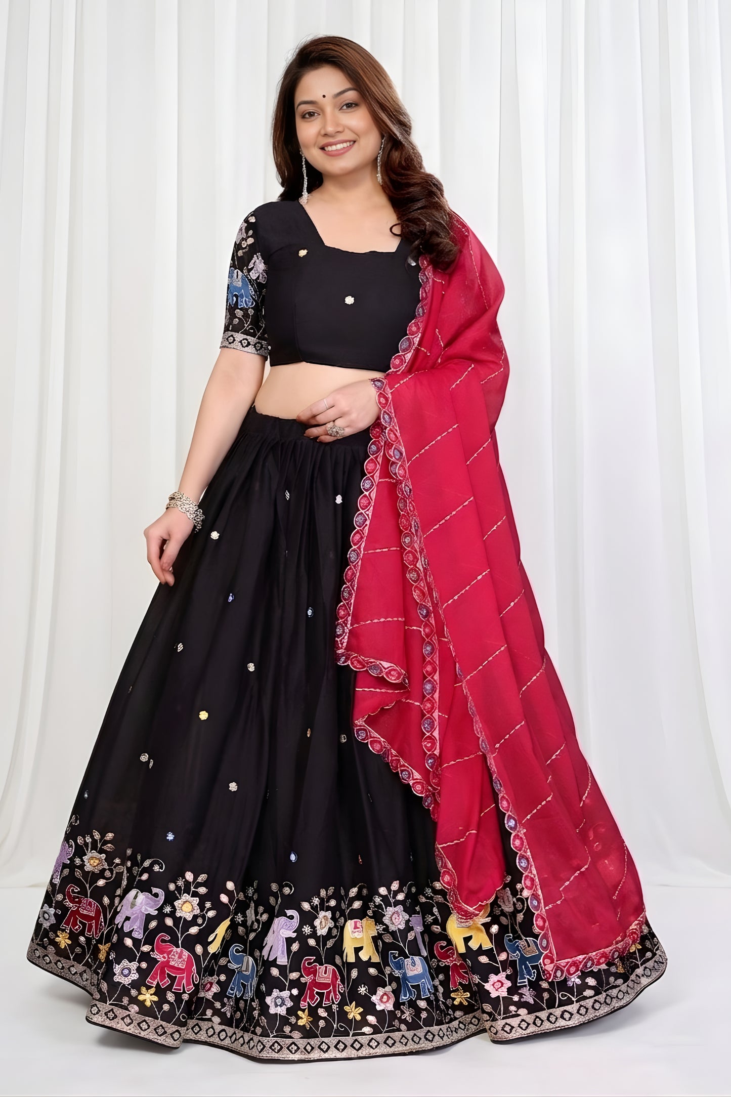 Elegant Black Star Georgette Heavy Embroidered Lehenga Choli with Designer Red Dupatta for Wedding