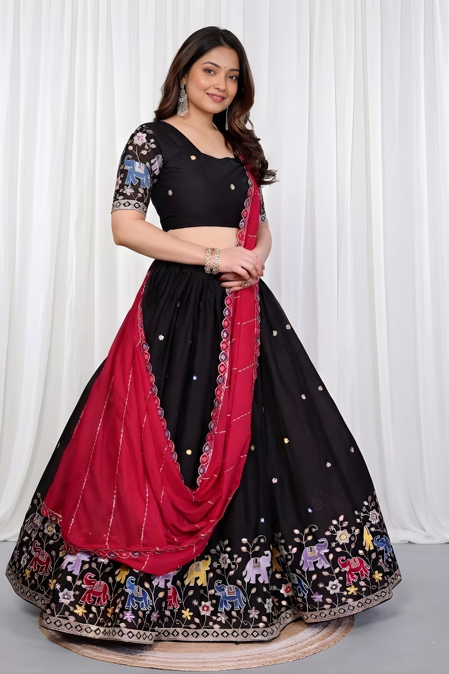 Elegant Black Star Georgette Heavy Embroidered Lehenga Choli with Designer Red Dupatta for Wedding