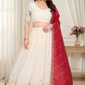 Glorious Off White Star Georgette Heavy Embroidered Lehenga Choli with Designer Red Dupatta for Wedding Wear