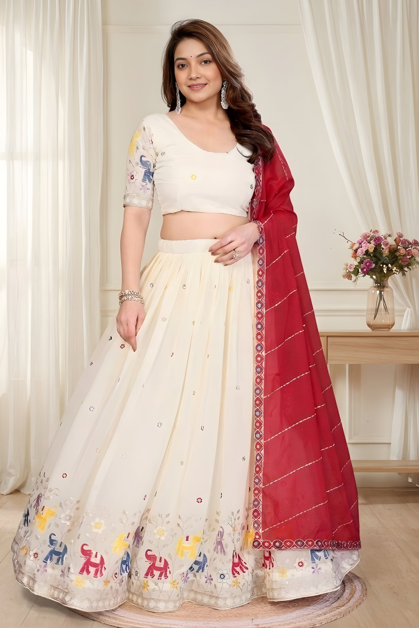 Glorious Off White Star Georgette Heavy Embroidered Lehenga Choli with Designer Red Dupatta for Wedding Wear