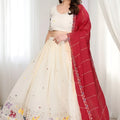 Glorious Off White Star Georgette Heavy Embroidered Lehenga Choli with Designer Red Dupatta for Wedding Wear