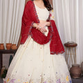 Glorious Off White Star Georgette Heavy Embroidered Lehenga Choli with Designer Red Dupatta for Wedding Wear