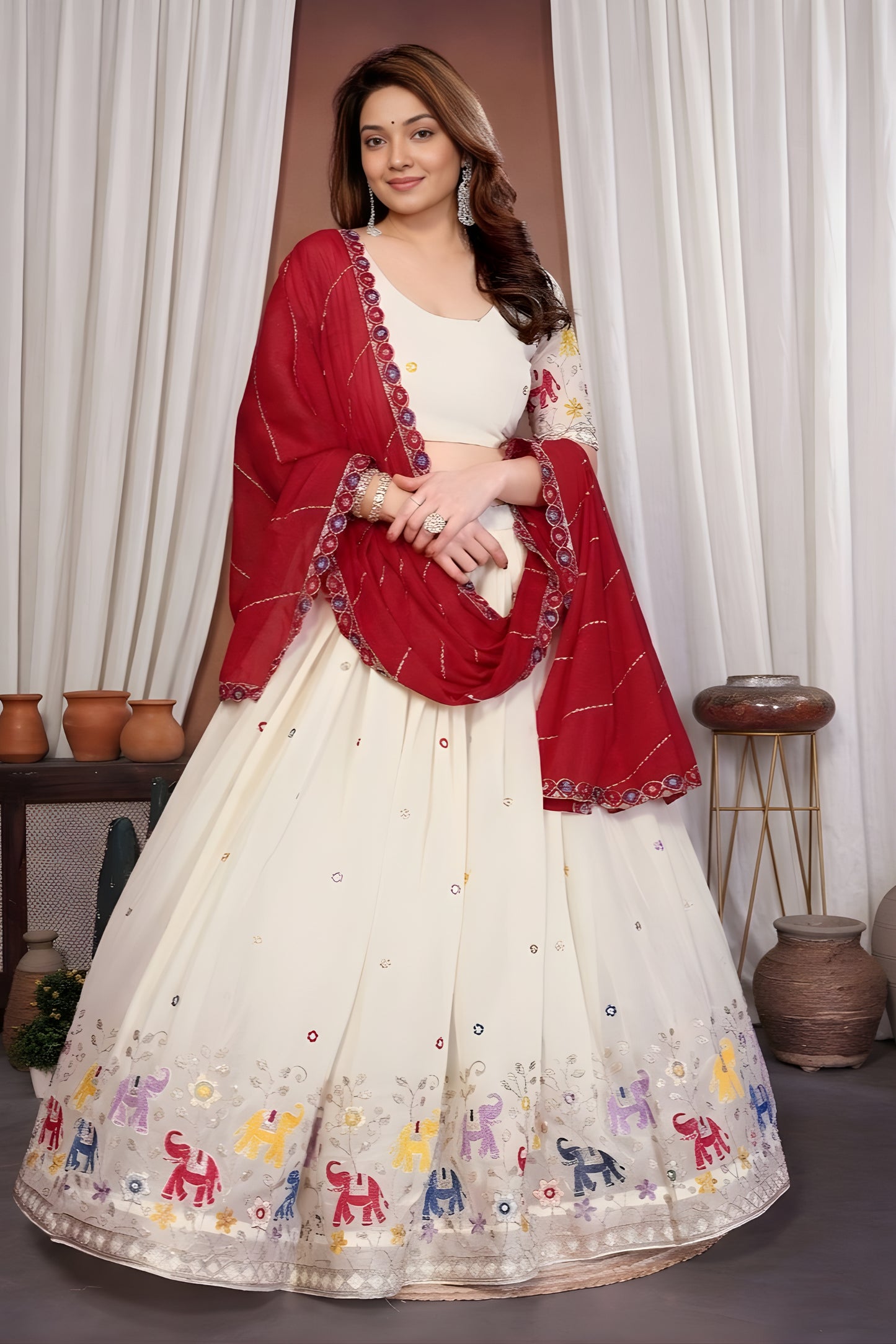 Glorious Off White Star Georgette Heavy Embroidered Lehenga Choli with Designer Red Dupatta for Wedding Wear