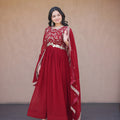 Elegant Maroon Faux Georgette Heavy Embroidered Gown with Designer Dupatta for Wedding