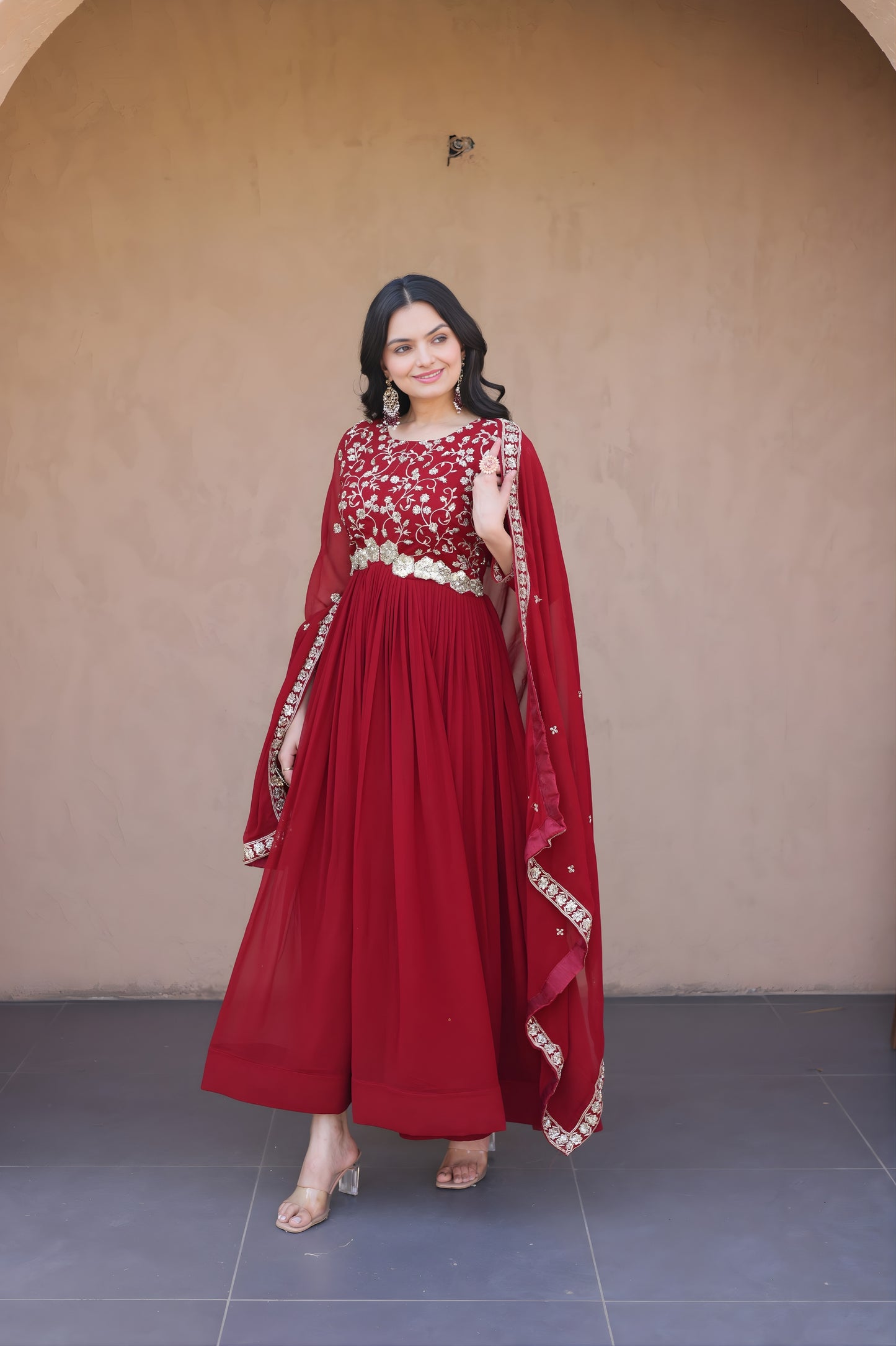 Elegant Maroon Faux Georgette Heavy Embroidered Gown with Designer Dupatta for Wedding