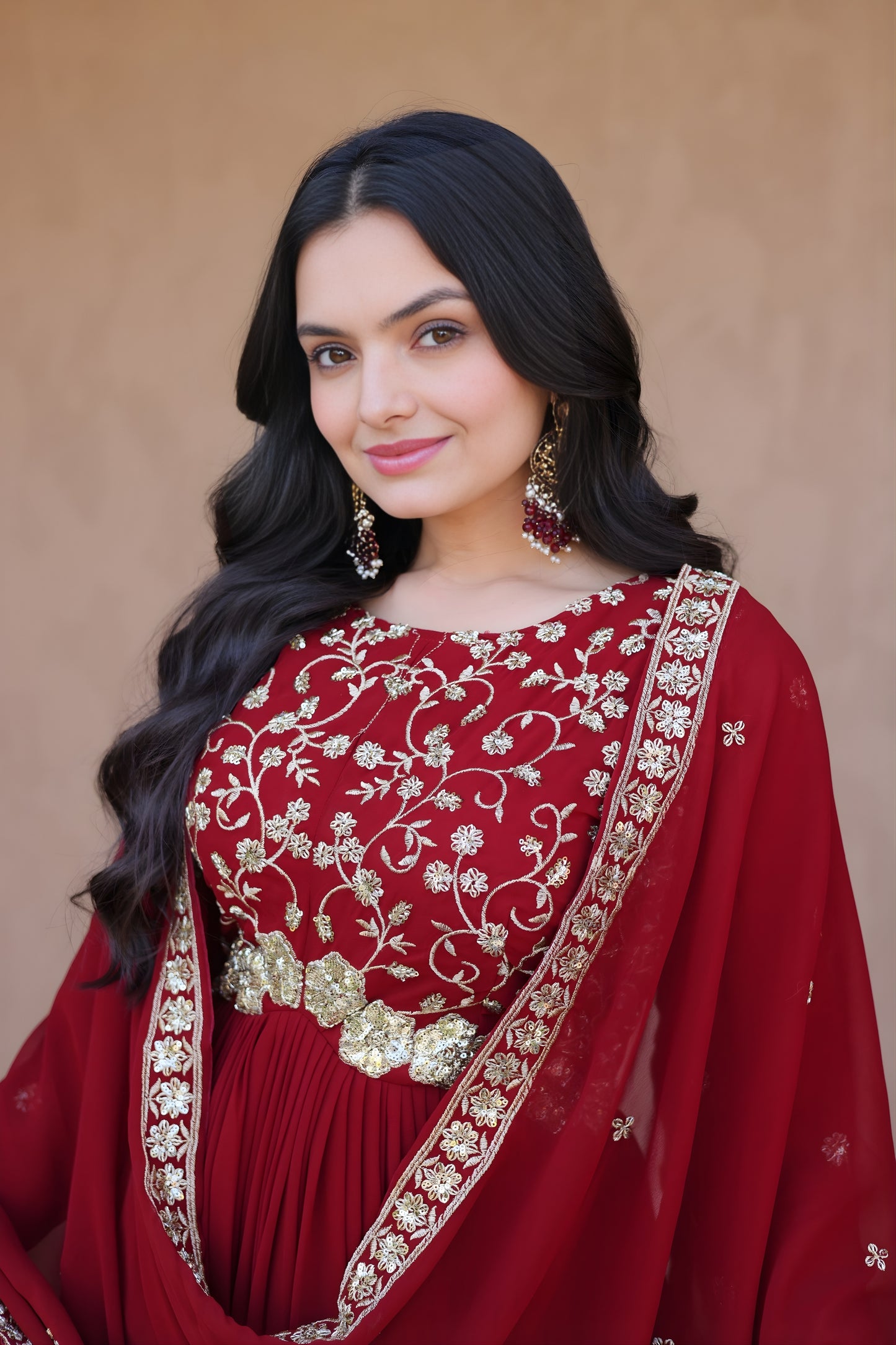 Elegant Maroon Faux Georgette Heavy Embroidered Gown with Designer Dupatta for Wedding