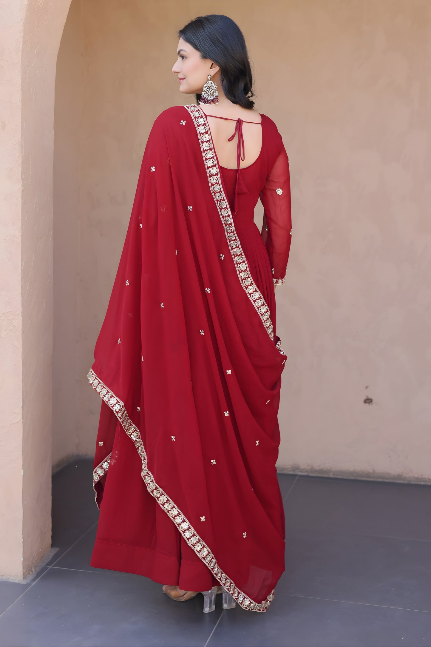Elegant Maroon Faux Georgette Heavy Embroidered Gown with Designer Dupatta for Wedding