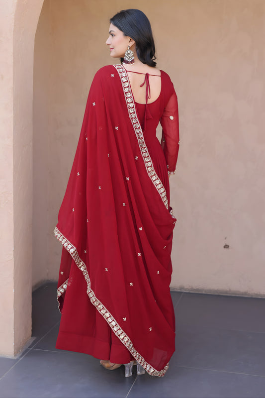 Elegant Maroon Faux Georgette Heavy Embroidered Gown with Designer Dupatta for Wedding