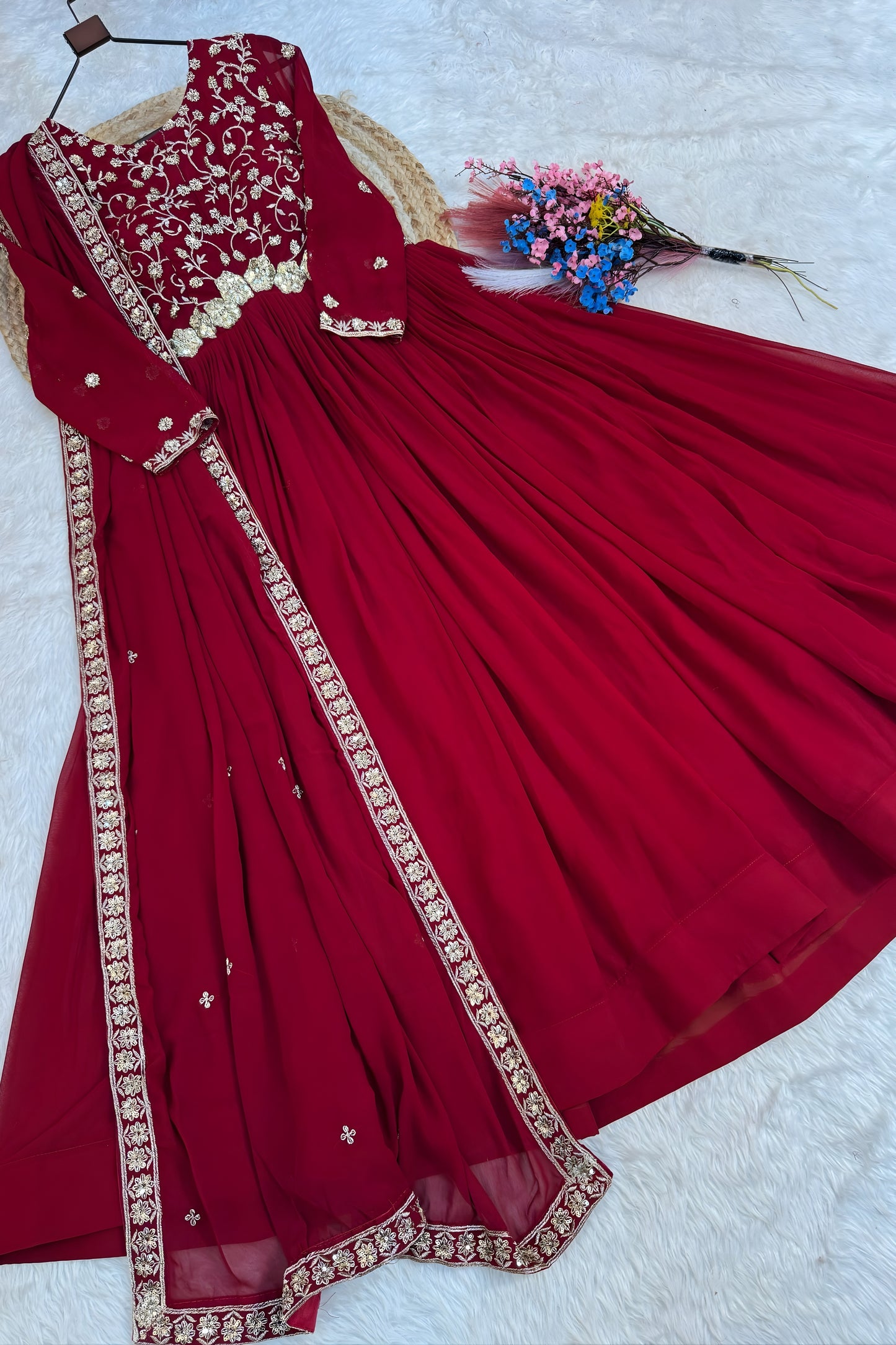 Elegant Maroon Faux Georgette Heavy Embroidered Gown with Designer Dupatta for Wedding
