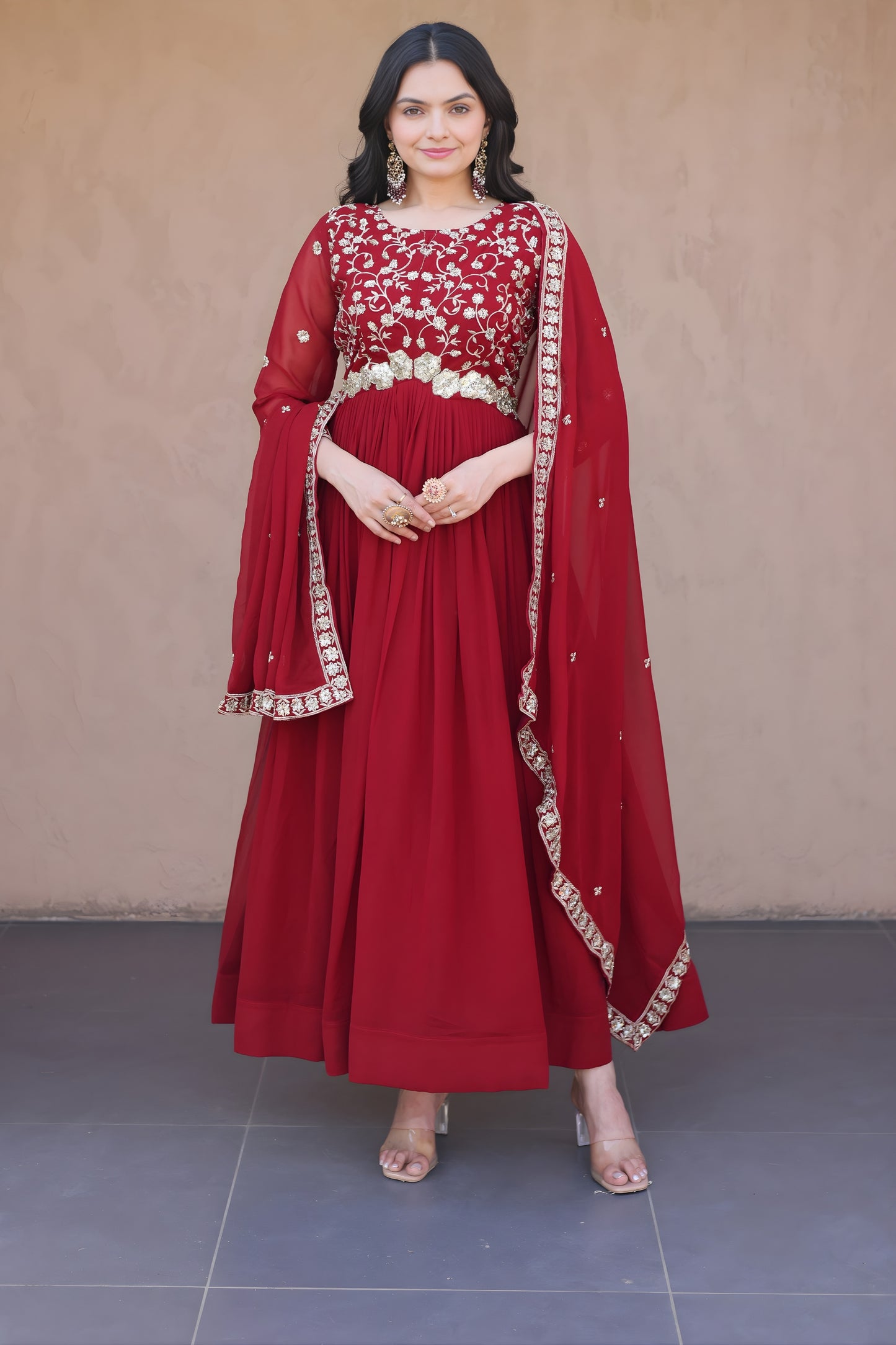 Elegant Maroon Faux Georgette Heavy Embroidered Gown with Designer Dupatta for Wedding