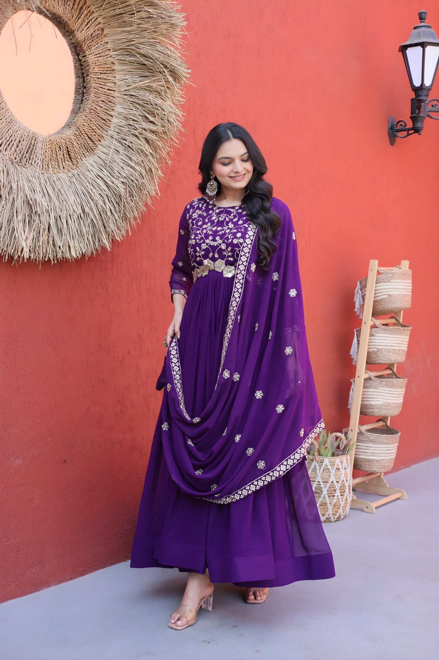 Stylish Purple Faux Georgette Heavy Embroidered Gown with Designer Dupatta for Wedding