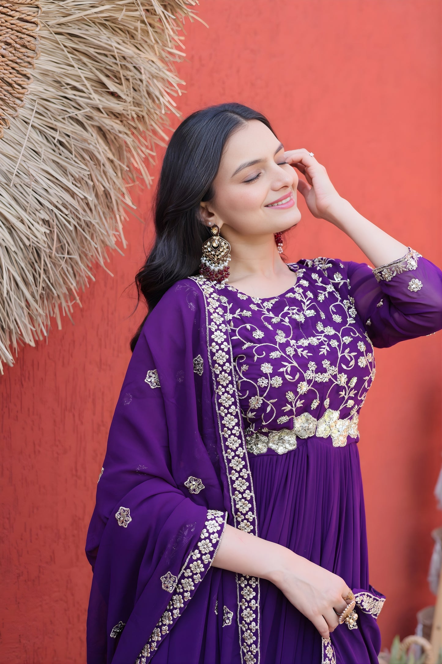 Stylish Purple Faux Georgette Heavy Embroidered Gown with Designer Dupatta for Wedding