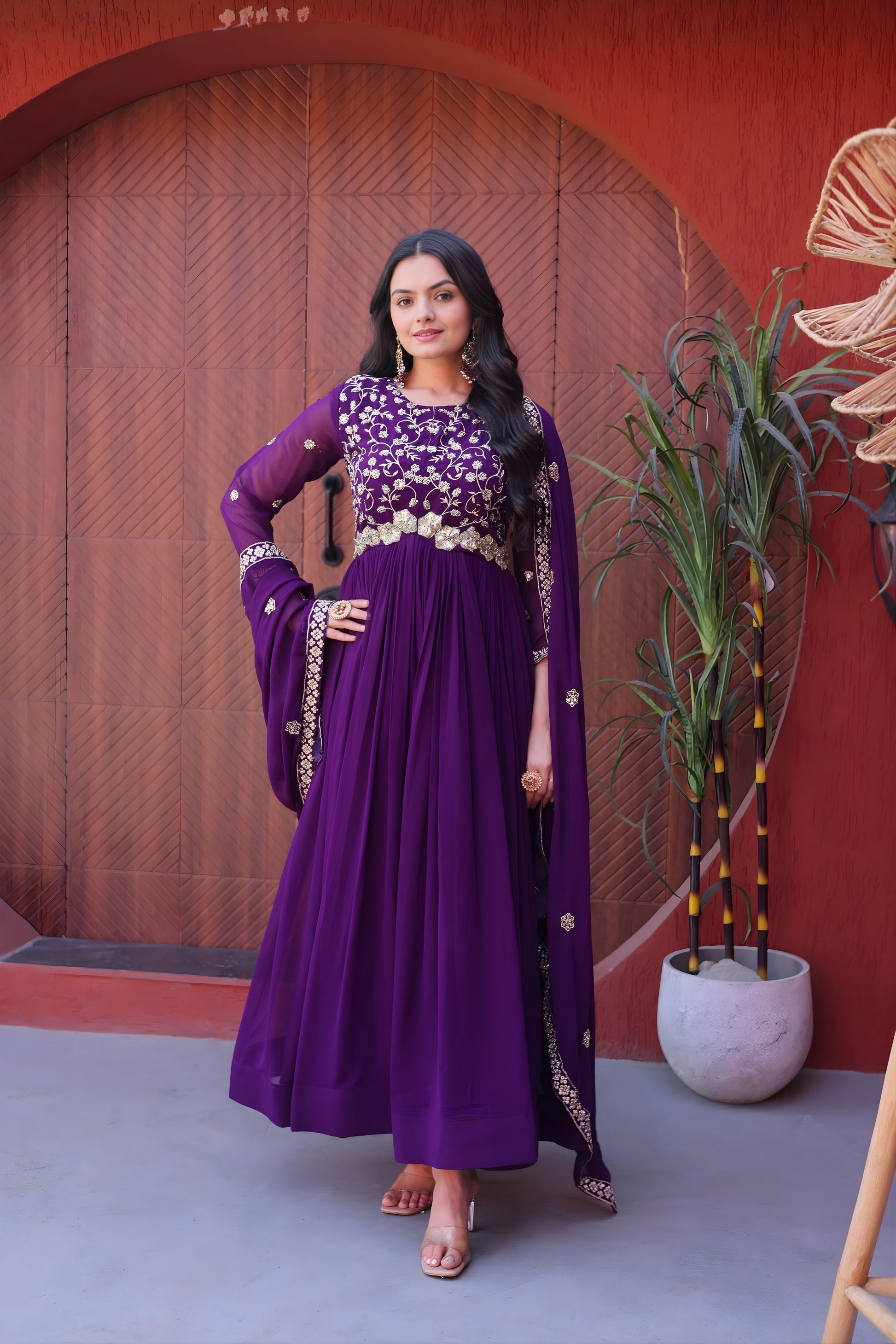 Stylish Purple Faux Georgette Heavy Embroidered Gown with Designer Dupatta for Wedding