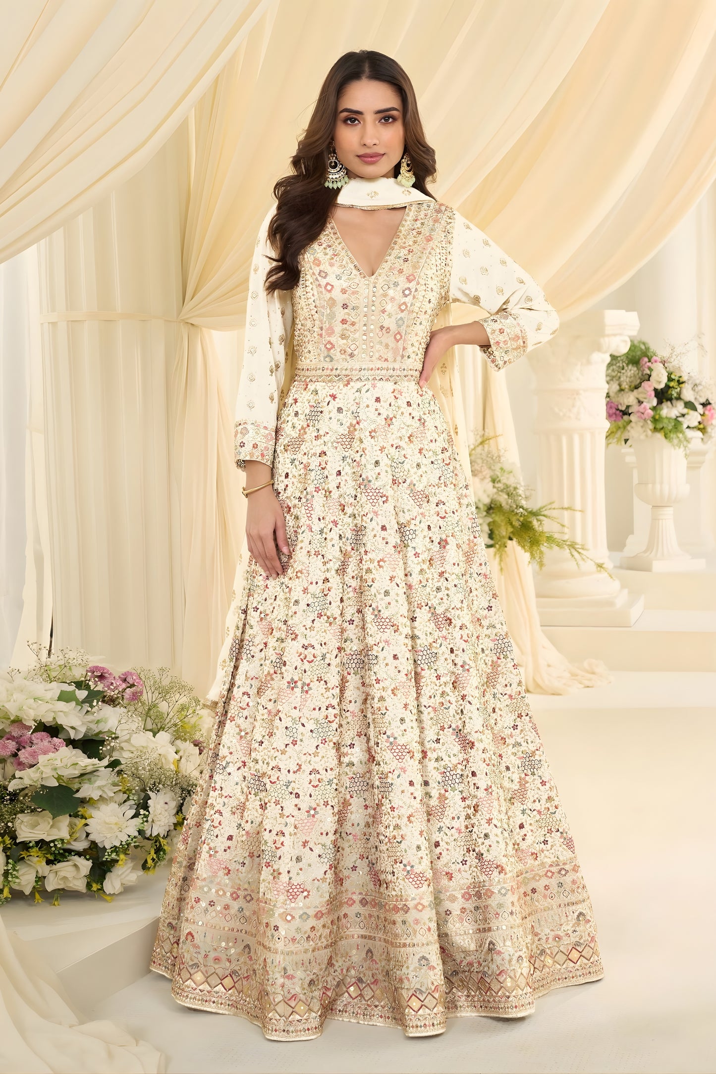 Luxury Off White Georgette Embroidered Anarkali Gown with Designer Dupatta for Wedding
