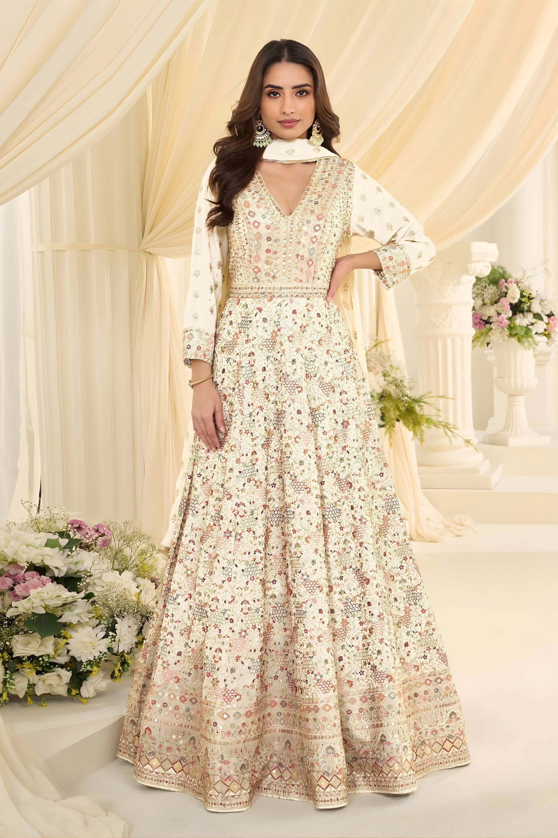 Luxury Off White Georgette Embroidered Anarkali Gown with Designer Dupatta for Wedding