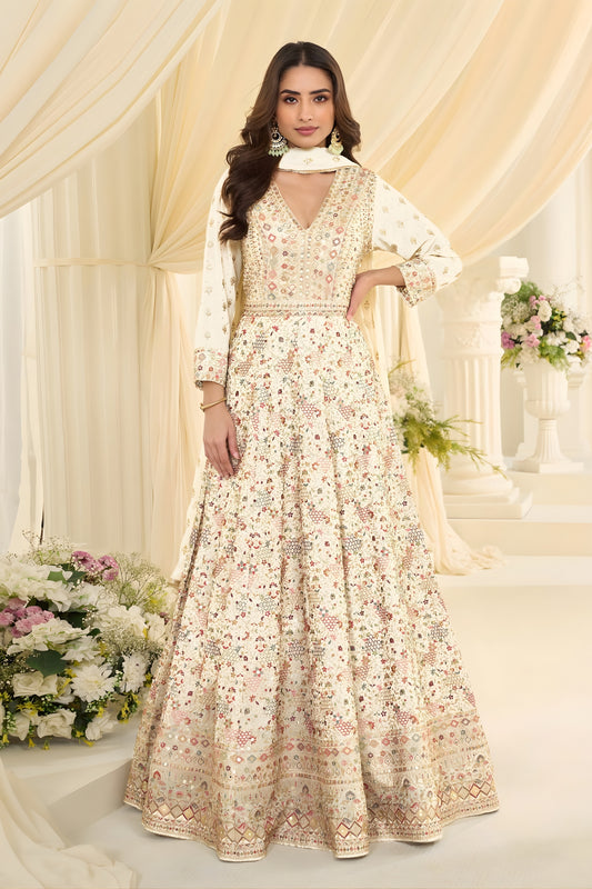 Luxury Off White Georgette Embroidered Anarkali Gown with Designer Dupatta for Wedding