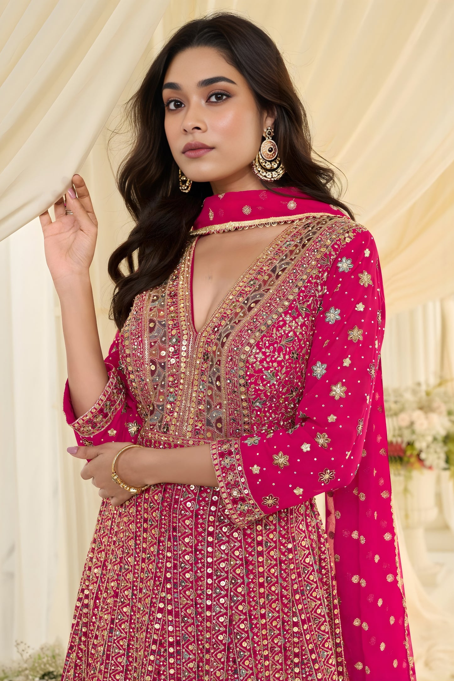 Royal Rani Pink Georgette Heavy Embroidered Anarkali Gown with Designer Dupatta for Wedding