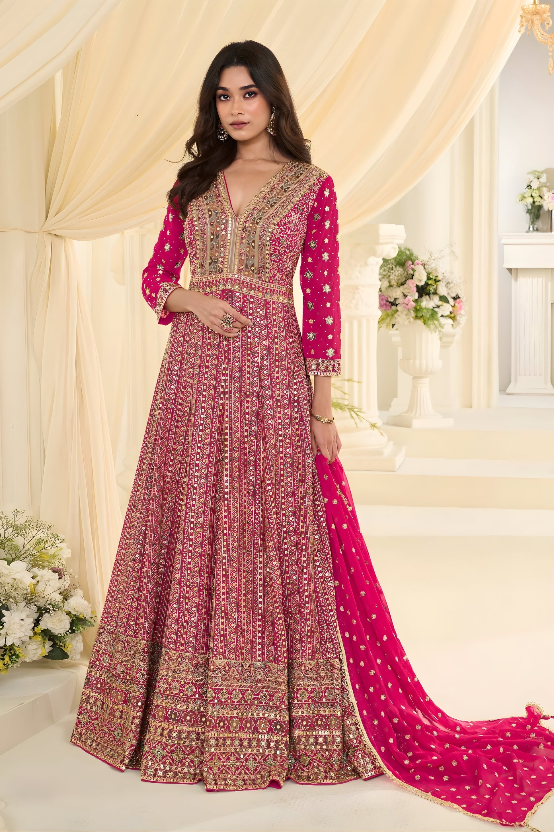 Royal Rani Pink Georgette Heavy Embroidered Anarkali Gown with Designer Dupatta for Wedding