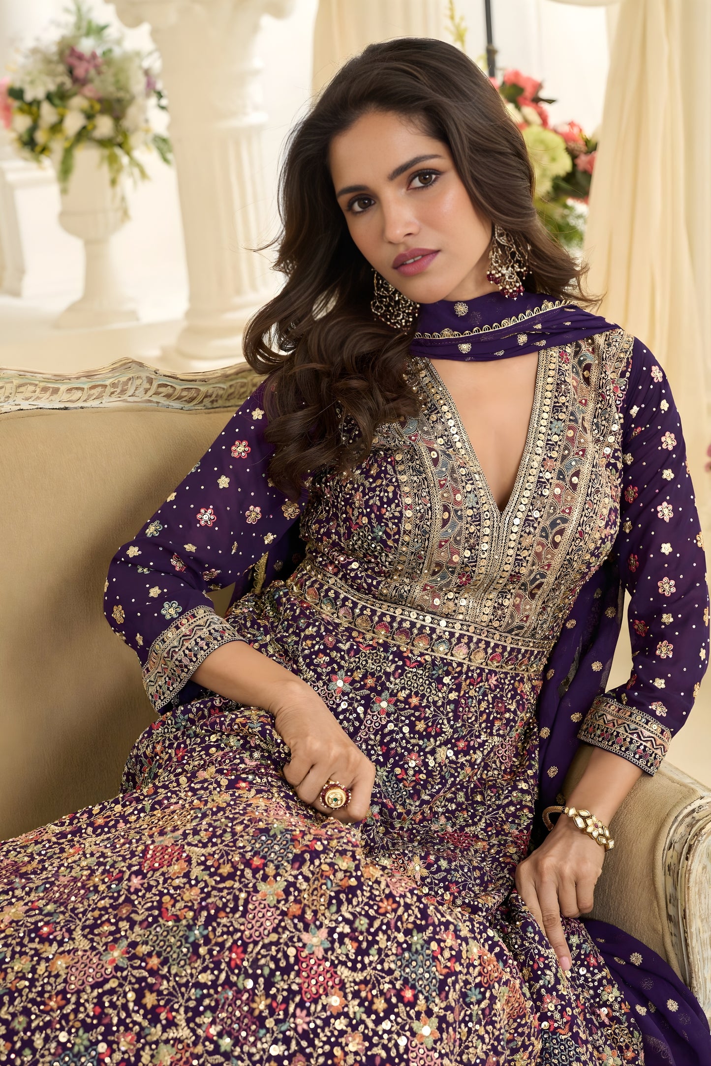 Stylish Purple Georgette Heavy Embroidered Anarkali Gown with Designer Dupatta for Wedding