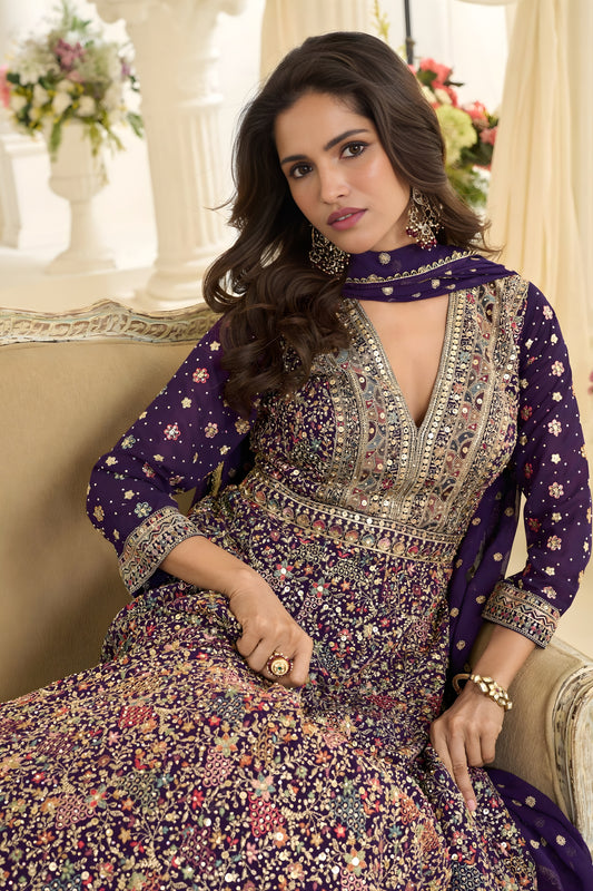 Stylish Purple Georgette Heavy Embroidered Anarkali Gown with Designer Dupatta for Wedding