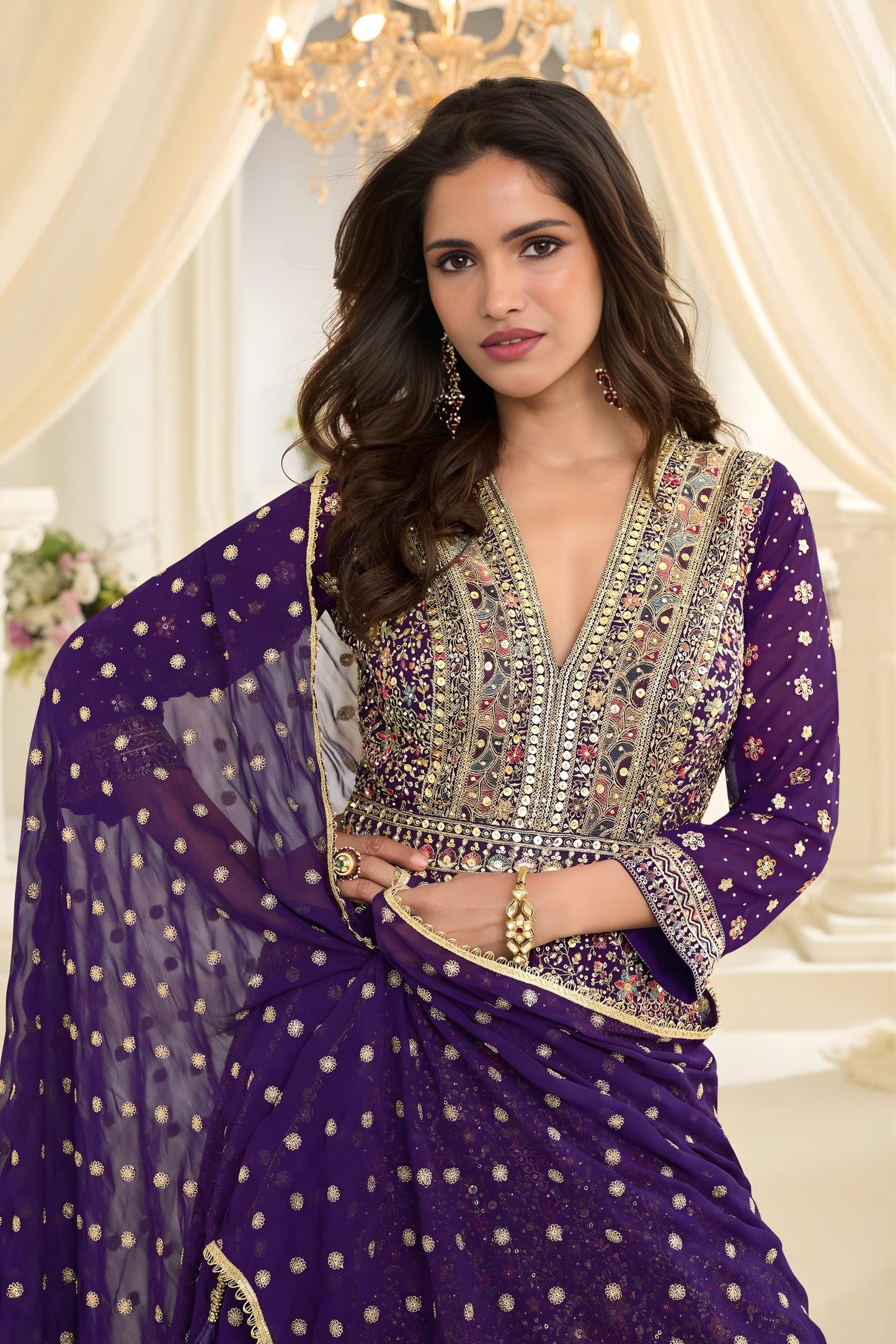Stylish Purple Georgette Heavy Embroidered Anarkali Gown with Designer Dupatta for Wedding