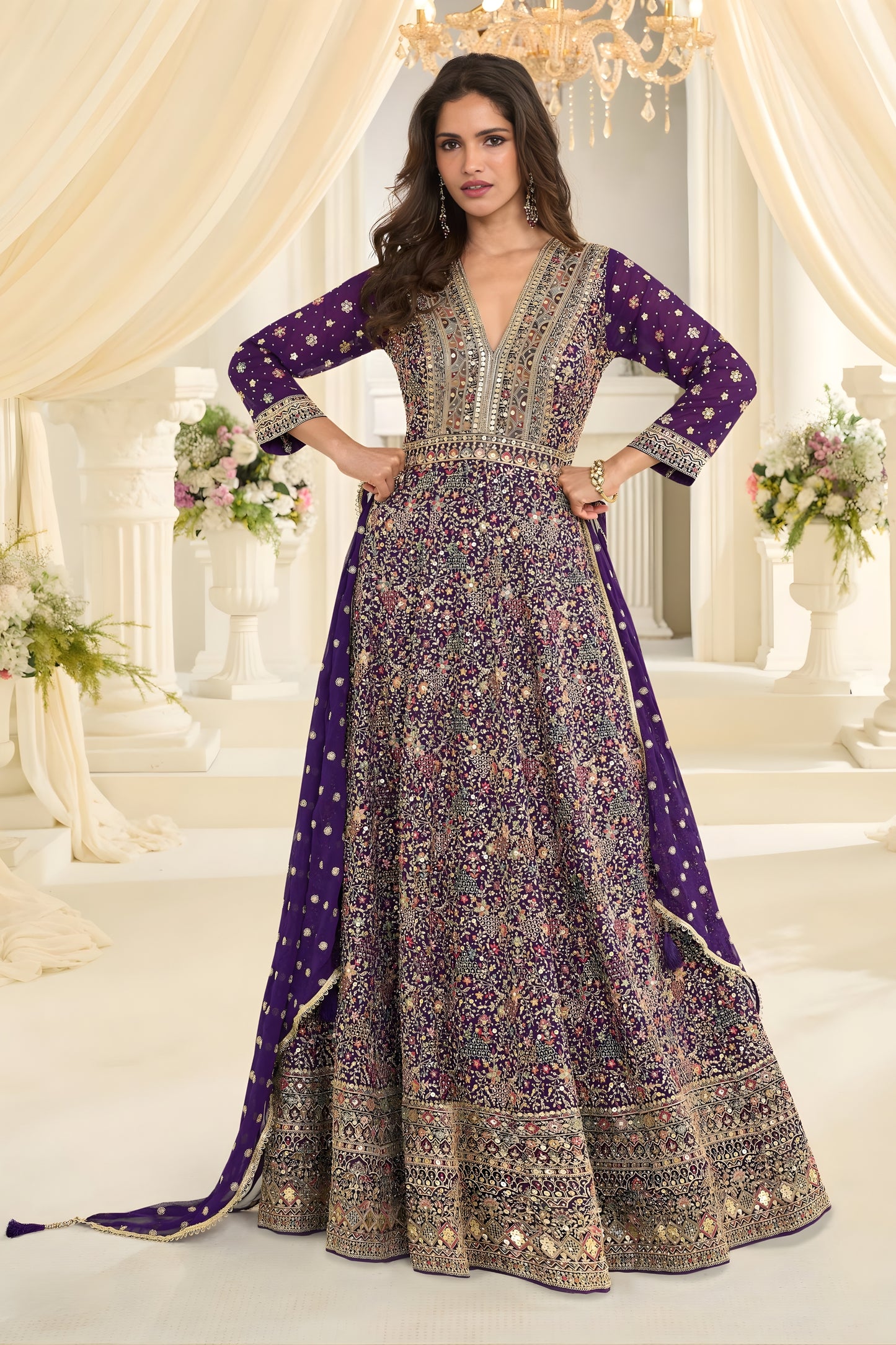 Stylish Purple Georgette Heavy Embroidered Anarkali Gown with Designer Dupatta for Wedding