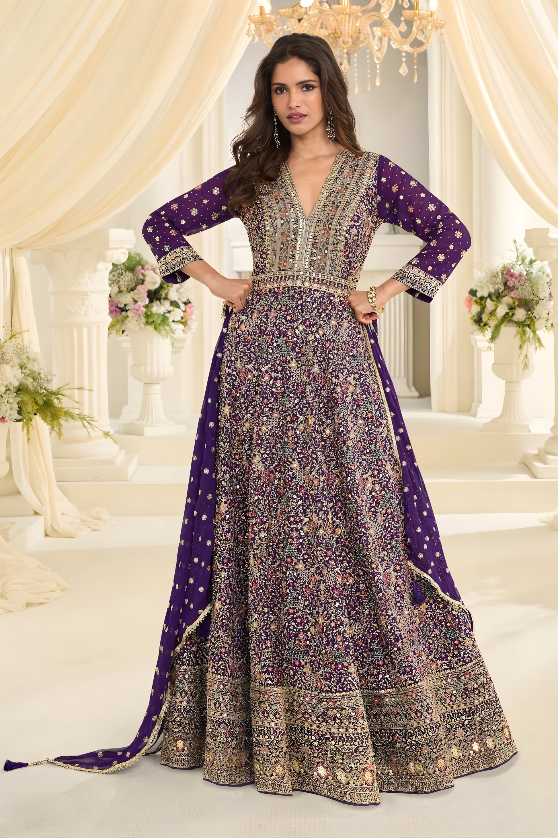 Stylish Purple Georgette Heavy Embroidered Anarkali Gown with Designer Dupatta for Wedding