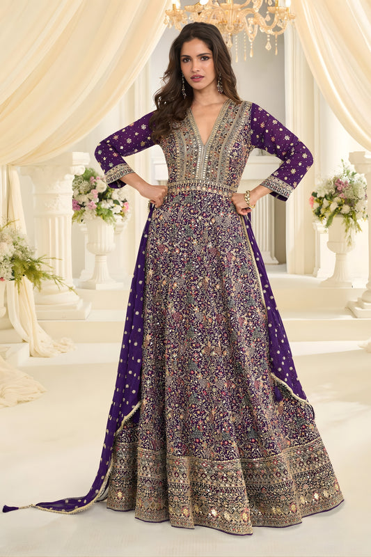 Stylish Purple Georgette Heavy Embroidered Anarkali Gown with Designer Dupatta for Wedding