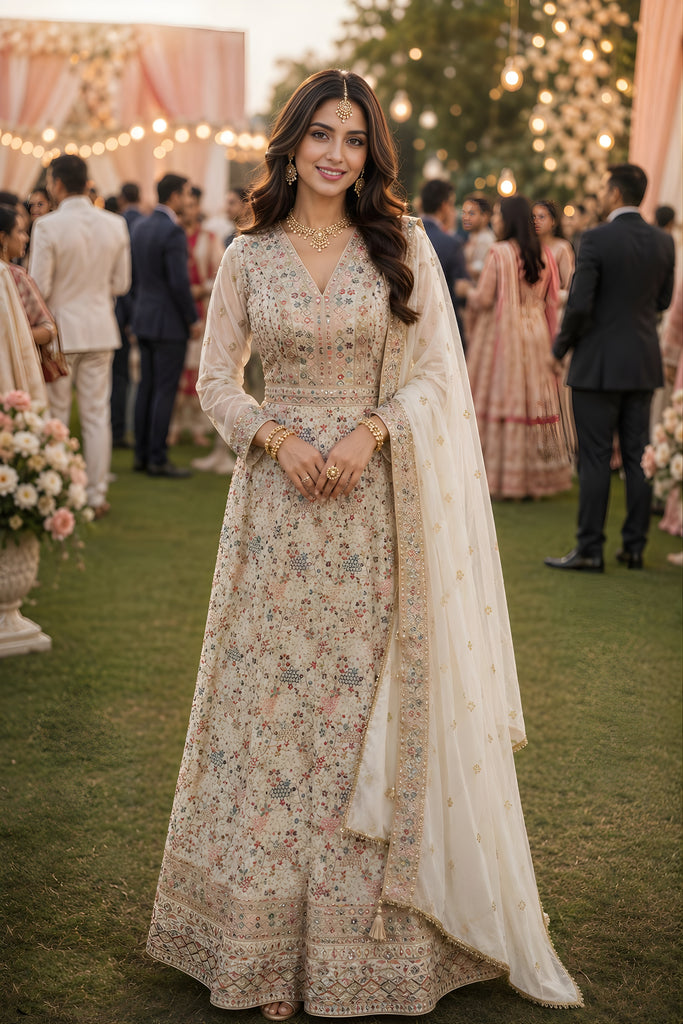 Elegant Off White Georgette Heavy Embroidered Anarkali Gown with Designer Dupatta for Wedding