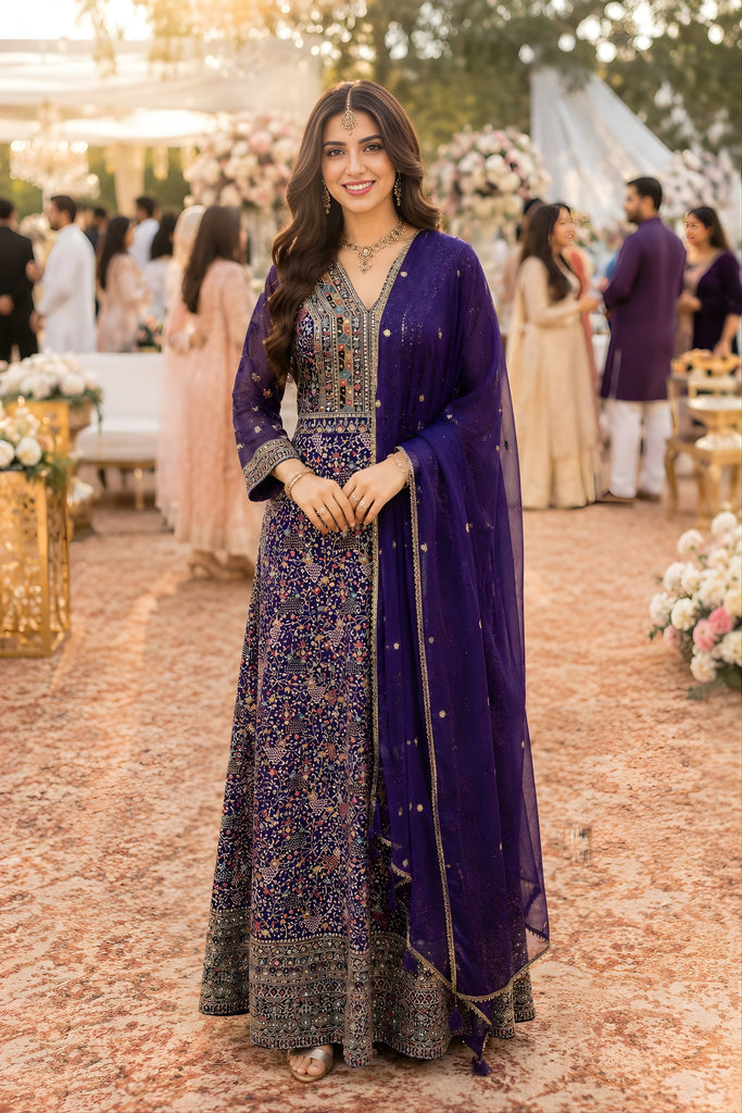 Royal Purple Georgette Heavy Embroidered Anarkali Gown with Designer Dupatta for Wedding