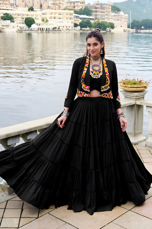 Elegant Black Rayon Lehenga Choli with Mirror Work Jacket for Navratri
