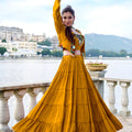 Stunning Mustard Yellow Rayon Lehenga Choli with Mirror Work Jacket for Navratri