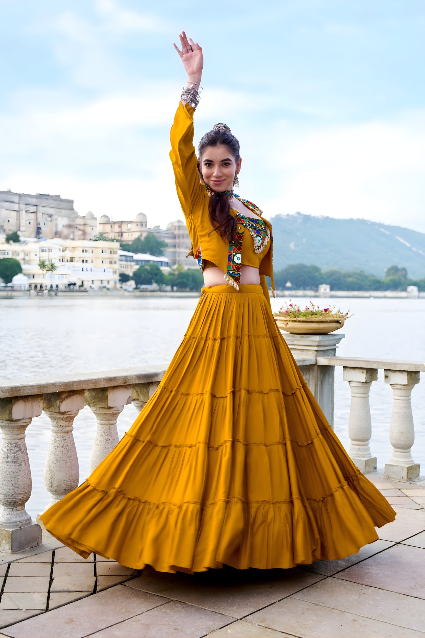 Stunning Mustard Yellow Rayon Lehenga Choli with Mirror Work Jacket for Navratri
