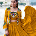 Stunning Mustard Yellow Rayon Lehenga Choli with Mirror Work Jacket for Navratri